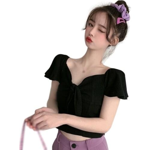 Women Sexy One-Shoulder Bowknot Solid Color Tops Fashion New V-Neck Beach Party Slim T-Shirt Women Summer Clothing