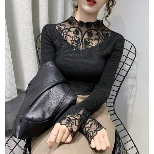 Woman Sweaters Chandails Fairy Rhinestone Lace off-Shoulder Womens Autumn Winter Western Style Top Slim Fit Sweater Sweater