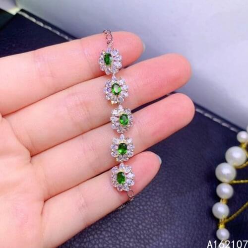 Fine Jewelry 925 Sterling Silver Inset With Natural Gemstones Womens Luxury Trendy Flower Diopside Hand Bracelet Support Detect