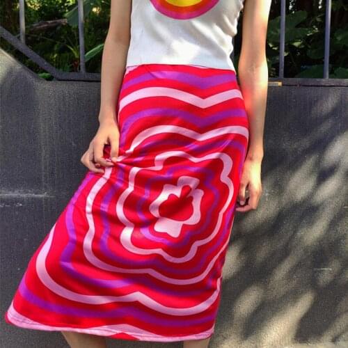 2021 Women Summer Pink Print Half Dress, Striped Print Side Split Straight High-Waist Slimming Long Skirt