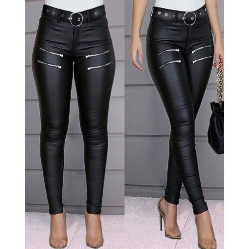 2020 Fashion Spring Autumn Casual Wild Thin Solid Zipper Design High Waist Skinny PU Pants Elegant Chic