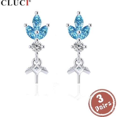 CLUCI 3 pair wholesale Blue 925 Silver Zircon Earrings For Women Pearl Mounting Women Wedding Jewelry Drop Earring SE087SB