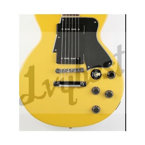 Customized body and headstock shape 6 string electric guitar solid body,solid yellow finish, with black pickguard,p90 pickups