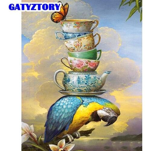 GATYZTORY Picture By Numbers Teapot Parrot Animal Acrylic Drawing Canvas Picture For Adults Home Decoration Gift Wall Art