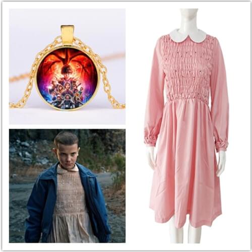 Stranger-Things Season 3 Movie Eleven Cosplay Costumes Halloween Party Fancy Dress Outfit Women Pink Long Sleeve Dress Xmas Gift