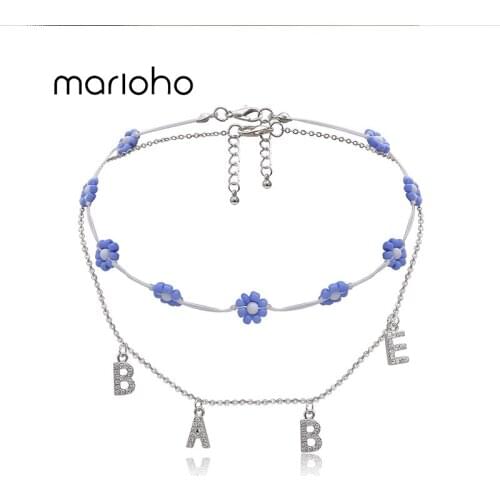 Marioho Letter Micro Inlaid Bebe Necklace Ladies Temperament Short Handmade Rice Beads Daisy Necklace Party Banquet
