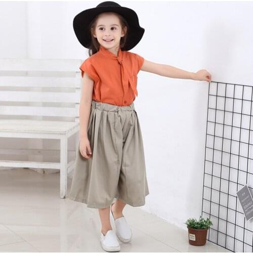 MERI AMMI 2pcs Children Girl Clothing Outfit Set Tie T-shirt+Loose Pants Cut off For 2-10 Year Toddler Baby Girl