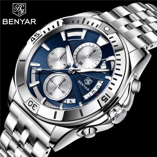 BENYAR Fashion Sport Watch Men Top Brand Luxury Blue Male Chronograph Clock Military Stainless Steel Waterproof Wristwatch 5180