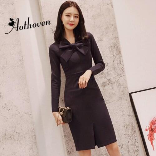 Autumn Navy Blue Bodycon Split Pencil Dresses Bow Collar Long Sleeve Dress Women Office Sexy Party Midi Ladies Dresses Vestidos
