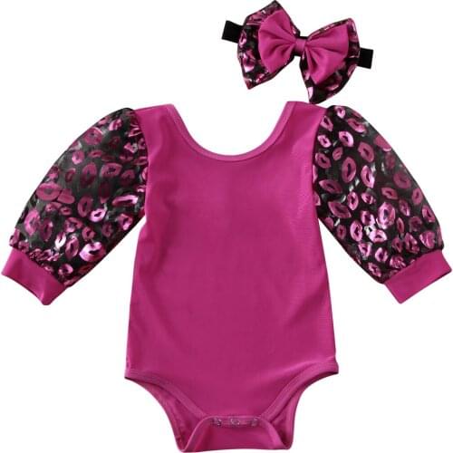 0-24M Newborn Baby Girl Clothes Lips Print Long Puff Sleeve Lip Print Bodysuits+Headband 2pcs Jumpsuit Outfit