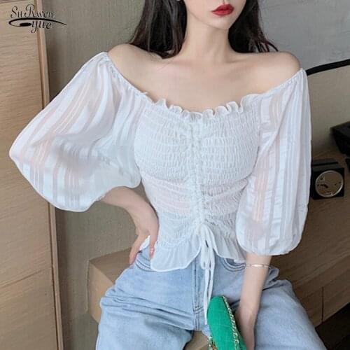 Sexy Slash Neck Short Blouse Chic Summer 2021 Strtched Off Shoulder Women Shirt Solid Lantern Sleeve Tops for Women Blusas 15076