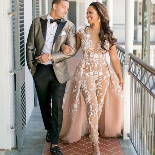 Champagne Beach Wedding Dress with Detachable Train vestido novia boho Cap Sleeve Lace Appliqued Illusion Bridal Gowns