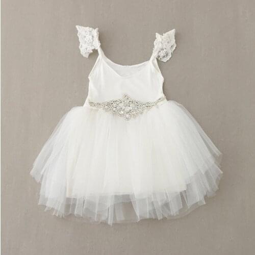 Spring and Summer Girls Dresses Kids Cotton Blend Dress with Chiffon Hem and Rhinestone Sash Children Clothes