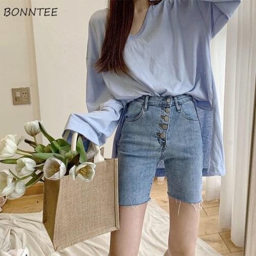 Shorts Women Single Breasted Skinny Elasticity Fashion High-waist Streetwear Korean Style Simple Students Chic Denim Bottoms New