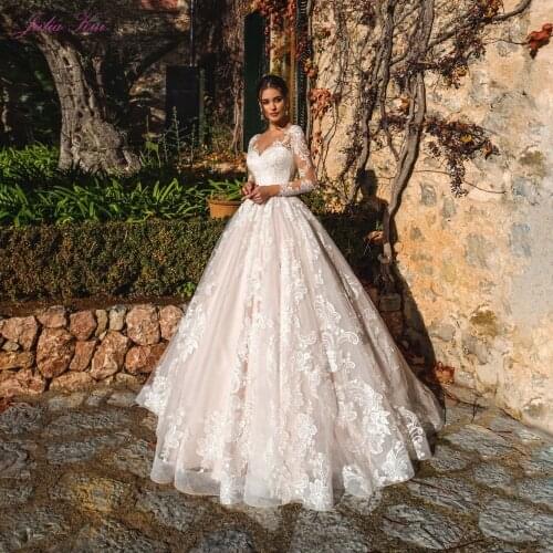 Julia Kui Robe De Mariage Floral Print A-Line Princess Wedding Dress Full Sleeves Elegant Sweetheart Floor Length Bridal Dress
