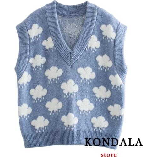 KONDALA Womens Vest Sweaters Sweet Cloud Carton Print Sleeveless Sweaters V Neck Casual Oversized Waistcoat Fashion 2021Tops
