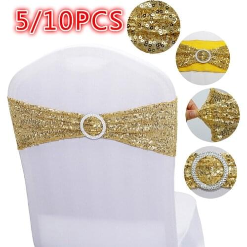 5 PCS/10 PCS Bow Chair Covers Straps Wedding Banquet Venue Decor Satin Bow Knot Sequin Bling Chair Covers Party Chair Straps