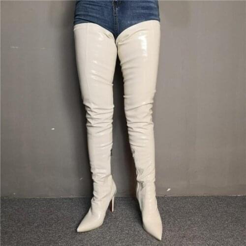 Crotch High Boots White Patent Leather Pointed High Heel Over-the-knee Mens Boots Slim Elastic Custom Sexy Boots Nightclub Shoe