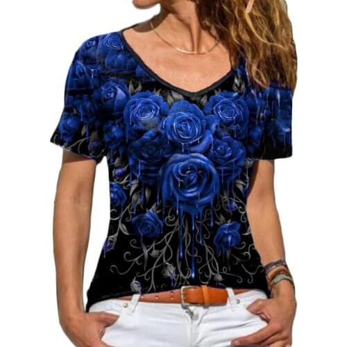2021 New Summer Short Sleeve Women T-shirt Rose Printing Casual V Neck Slim Blouse Streetwear for Daily