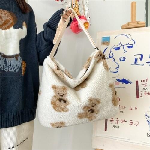 2021 Winter Warm Lamb Fleece Shoulder Bags For Women Cute Cartoon Bear Printed Handbag Female Large Capacity Tote Bags bolsos