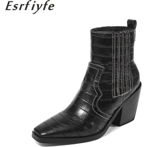ESRFIYFE 2020 New Winter Basic Womens Shoes Fashion Ankle Boots Women High Heel Stone Grain Slip Onl Square Toe Women Boots