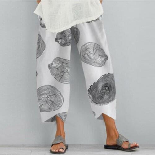 2021 New Fashion Womens Irregular Hem Long Pants Autumn Summer Stylish Floral/Wood Print Loose Elastic Waist Trousers Pants