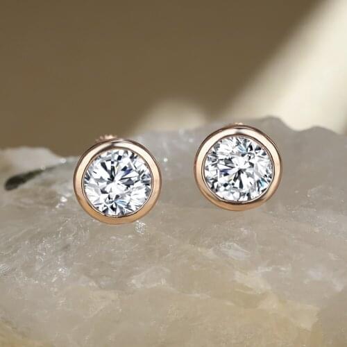 7.5MM Round Zircon Stud Earrings for Women Cute Fashion Rose Gold Screw Back Gemstone Ear Studs Wedding Jewelry Party Gift