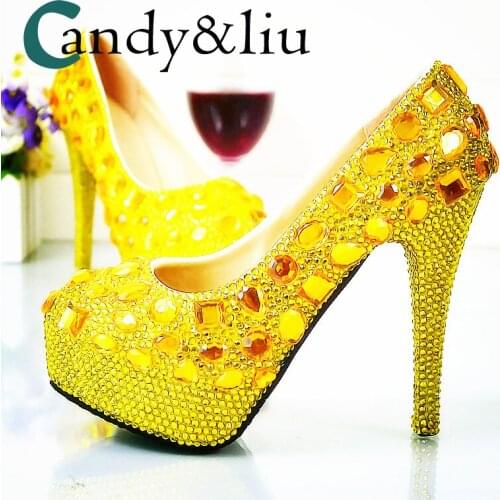 Large Size Gold Crystal Wedding Shoes Yeelow Rhinestone Super High Heels Women Pumps Party Bridesmaid Nightclub Evening Dress