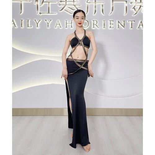 Womens Belly Dance Dance Suit Practice Clothes New Sexy Hollow Split Long Skirt+Top Bellydance Set Suit