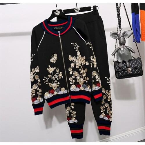 New Designer Women knitting jackets coat+casual pants 2 piece set spring autumn leisure suits women pantsuits D813A