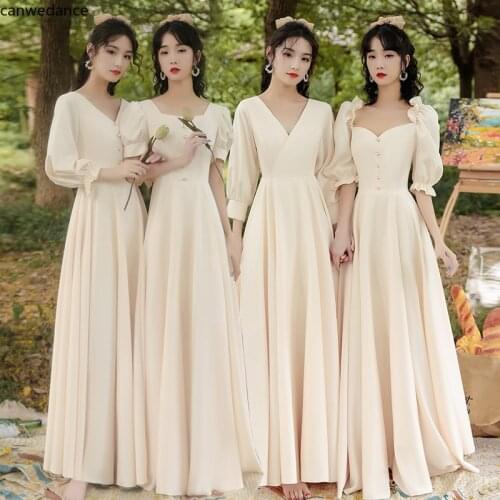 New Champagne Bridemaid Satin Dresses Long Elegant Vestido De Festa Longo V-neck Half Sleeve Women Formal Wedding Guest Gowns