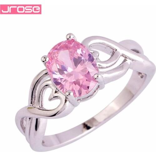 JROSE Women Wholesale Romantic Pink White Corundum Silver Ring Size 6 7 8 9 10 Demure Wedding Heart Style Oval Cut Jewelry