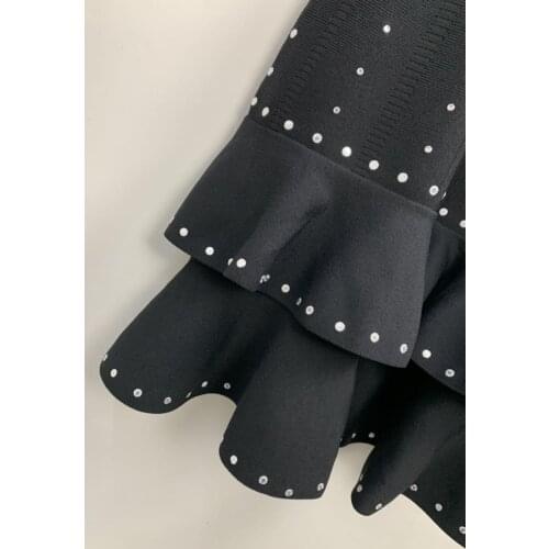 Iron Rivet Black Knit Dress Womens Long Sleeve Ruffles Elastic Waist Ladies Autumn Winter Knitted Dresses