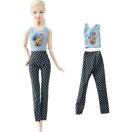 BJDBUS 1 Pcs Doll Outfit Pattern Vest T-shirt Black Wave Point Trousers Casual Wear Clothes for Barbie Doll Accessories DIY Toys