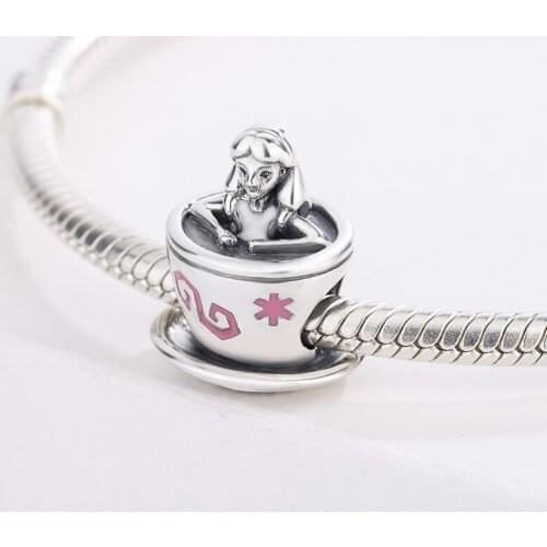 925 Sterling Silver Pink Enamel Long Hair Girl Coffee Cup Pendant Charm Bracelet Fashion Jewelry DIY Making For Pandora
