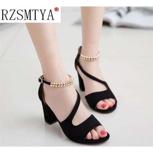 Fashion Women High Heel Sandals Sexy Open Toe Shoes Women Ankle Strap Sandals Metal Beading Thick Heels Women Footwear Size 42