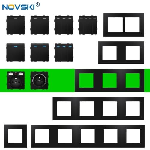 Black PC Panel Rocker Switch 1|2|3 Way,Free Combination Hybrid Multi-frame French Wall Socket Switch,16A Outlet USB Port,NOVSKI