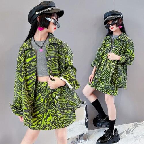 Girls Striped Denim Suit Fall 2021 New Childrens Loose Jacket + Skirt 2PCS