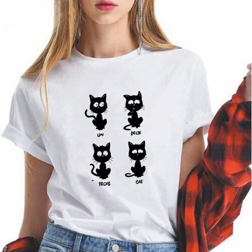 Womens T-shirts Summer Funny Print Cat Casual Harajuku Tee Short Sleeve Ullzang 90s Clothes White Tops Femme Fashion European