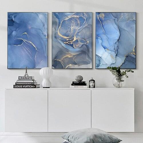 Blue Marble Texture Golden Border Wall Art Canvas Modern Abstract Posters And Prints Nordic Painting Pictures Home Decoration