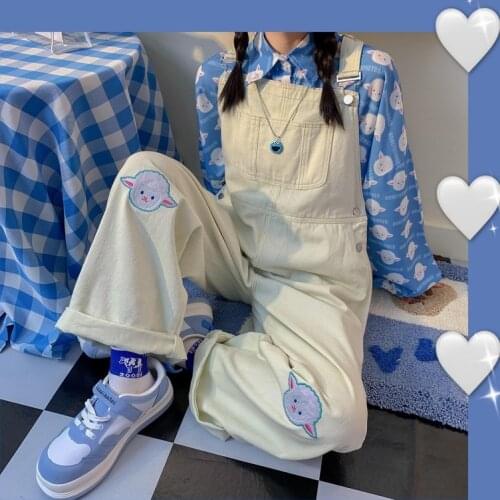 HOUZHOU Rompers Womens Jumpsuit Embroidery Loose Straight Kawaii Denim Overalls Vintage Oversize Jeans Korean Fasion Streetwear