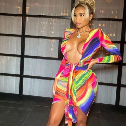 Tie Dye Deep V Neck Wrapped Bandage Mini Dresses Long Sleeve Clubwear Midnight Bodycon Sexy Party Dress 2021 Autumn Hot