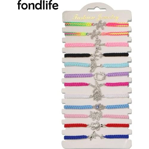 Multicolor Rope Macrame Zinc Alloy Hamsa Hand Butterfly Helm Dolphin Dragonfly Starfish Charm Bracelet 12pcs Wholesale Jewelry