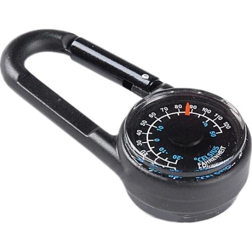 Multifunctional Hiking Metal Carabiner Mini CompassMini Compass Thermometer Keychain Thermometer Hanger Key Ring Black