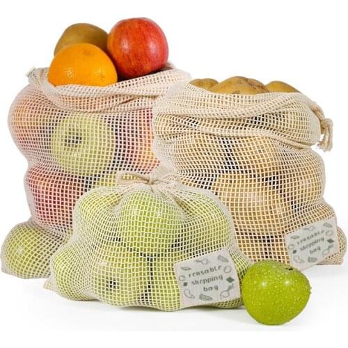 3pcs Reusable Produce Bags Organic Cotton Washable Mesh Bags for Grocery Shopping Fruit Vegetable Organizer Storage Bag