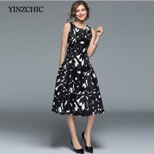 Fashion Black Printed Womans Dress Sleeveless 2018 Woman Mid A-Line Dresses Women Knee-Length Street Dress Woman Black Dress