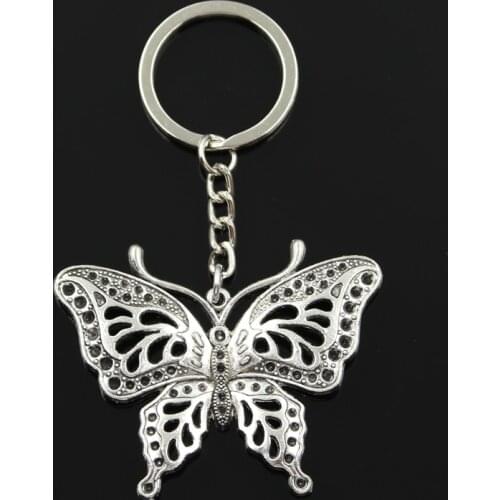 Fashion 30mm Key Ring Metal Key Chain Keychain Jewelry Antique Bronze Silver Color Plated Hollow Butterfly 60x48mm Pendant