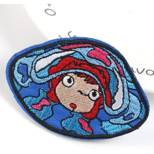 Japanese Anime Goldfish on The Cliff Badge Patches Embroidery Applique Iron on Patches for Clothes Decoration