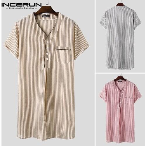 Leisure Striped Homewear Mens Cotton Sleepwear Summer Short Sleeve V Neck Nightgown Breathable Comfy Night Dress Shirts INCERUN