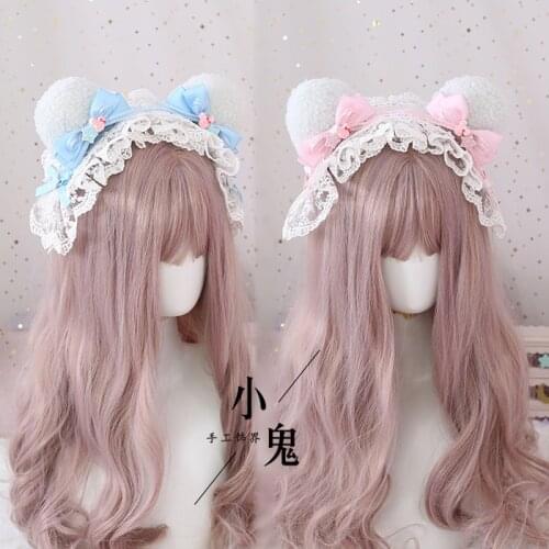 Pink Blue Handmade Sweet Girl Lolita Cute Plush Bear Ears KC Hair Band Hairpin Womens Cosplay Lace Trim Bow Headwear Headband